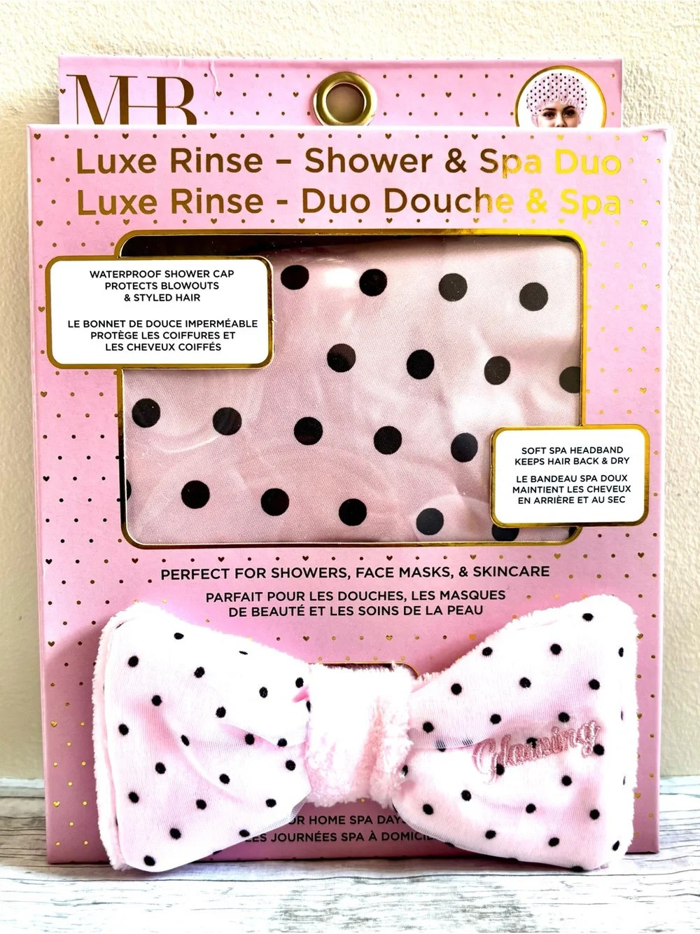 NWT Luxe Rinse Shower & Spa Duo Set Pink Polka Dot